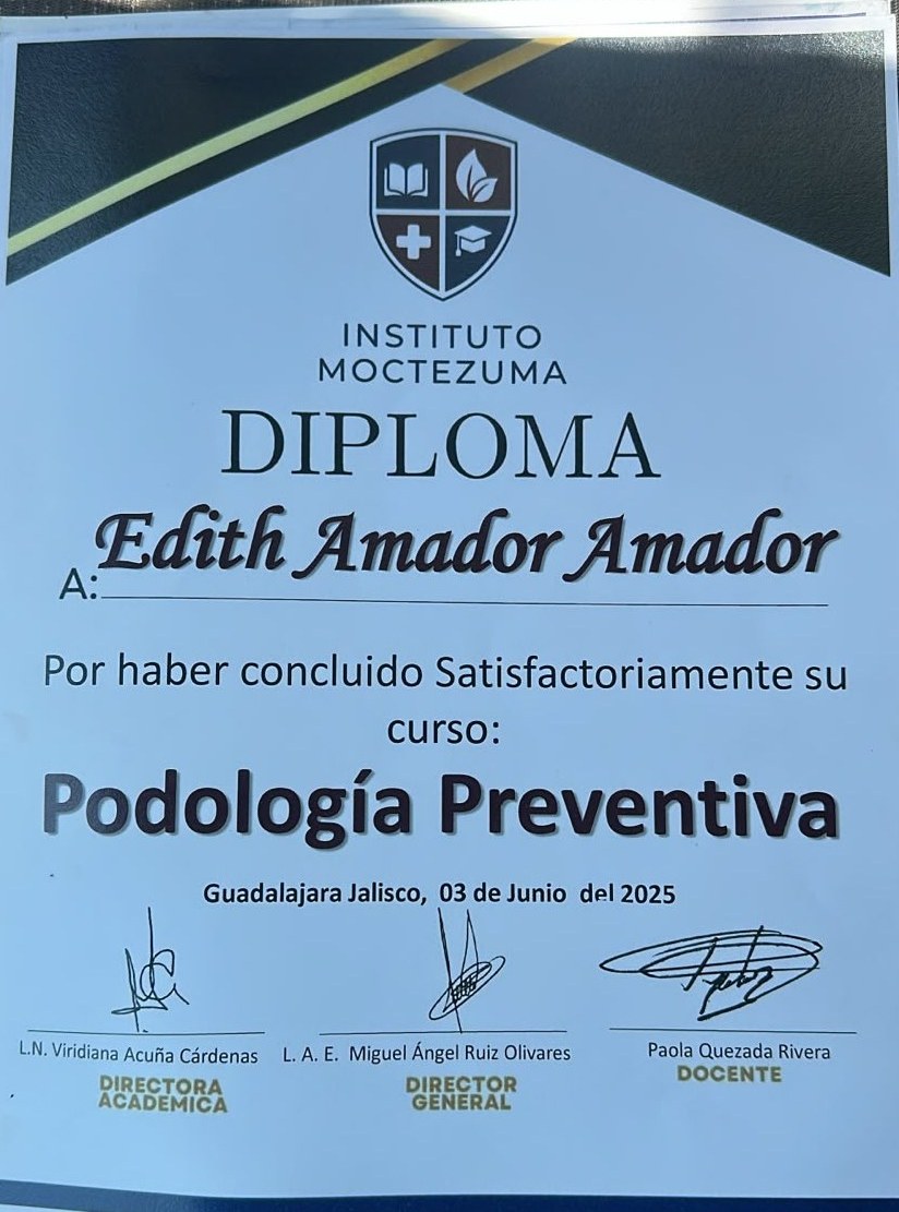 Diploma de Edith Amador en Podología Preventiva, Instituto Moctezuma, Guadalajara 2025